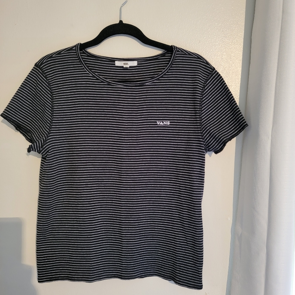 Vans Black and White Pin Striped T Shirt  With Van's Embroided Logo